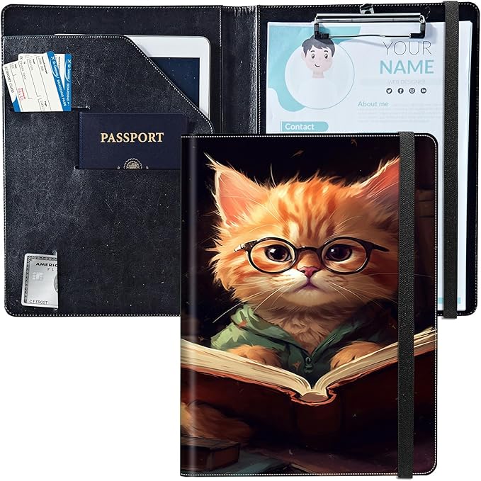 PU Leather Padfolio Clipboard Notepad with Pen Loop and Elastic Strap Interview/Resume Document Organizer for Business School Office,Kitten with Glasses