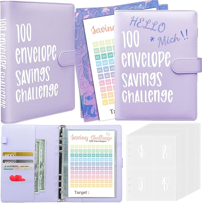 Axolotl 100 Envelopes Money Saving Challenge Binder, A5 Savings Budget Challenges Binders with Cash Envelopes, 100 Days Envelope Saving Binder Book, Budget Planner (Matt Purple)