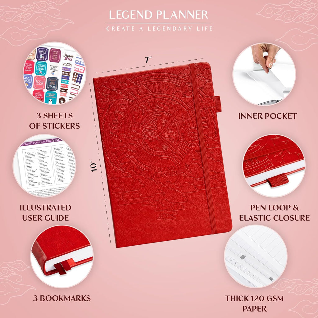Legend Planner PRO – Deluxe Weekly & Monthly Life Planner to Increase Productivity and Hit Your Goals. Time Management Organizer Notebook – Undated – 7 x 10" Hardcover + Stickers – Red