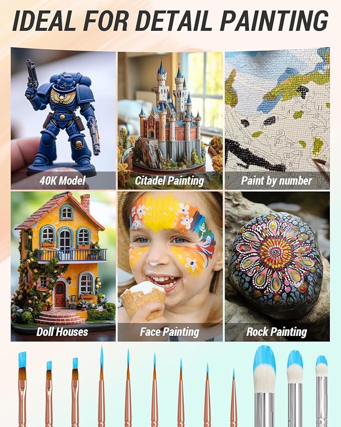 Nicpro 12PCS Fine Detail Paint Brush Drybrush Set, Aesthetic Pastel Fine Tip Miniature Paint Brushes for Acrylic Oil Watercolor, Crafts, 40K Models, Miniatures, Rock Painting, Paint by Numbers