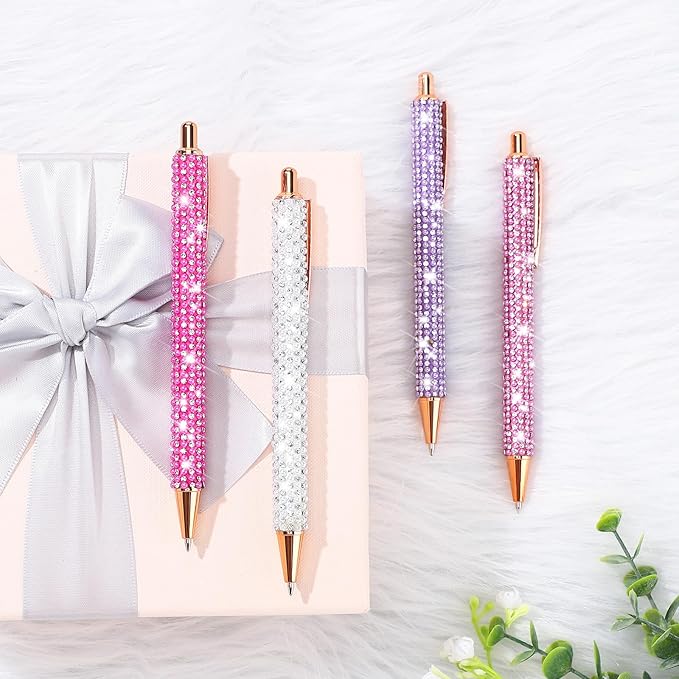 Ireer 4 Pcs Bling Rhinestone Sparkly Pens for Women Diamond Ink Crystal Glitter Metal Ballpoint Bedazzled Fancy Pens 4 Pcs 1.0mm Refills(Pink Series Color)