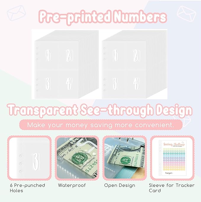 Axolotl 100 Envelopes Money Saving Challenge Binder, A5 Savings Budget Challenges Binders with Cash Envelopes, 100 Days Envelope Saving Binder Book, Budget Planner (Laser Silver)