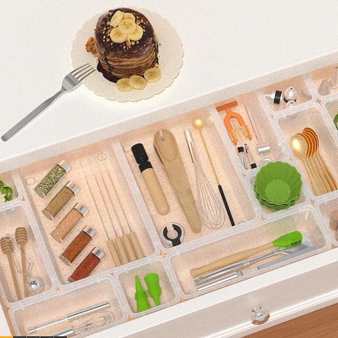 Drawer Organizers of 45 PCS Plastic Drawer Organizer Bins, 4 Sizes Versatile Bathroom Kitchen Office Organizers and Storage Containers for Makeup, Utensils, Stationery