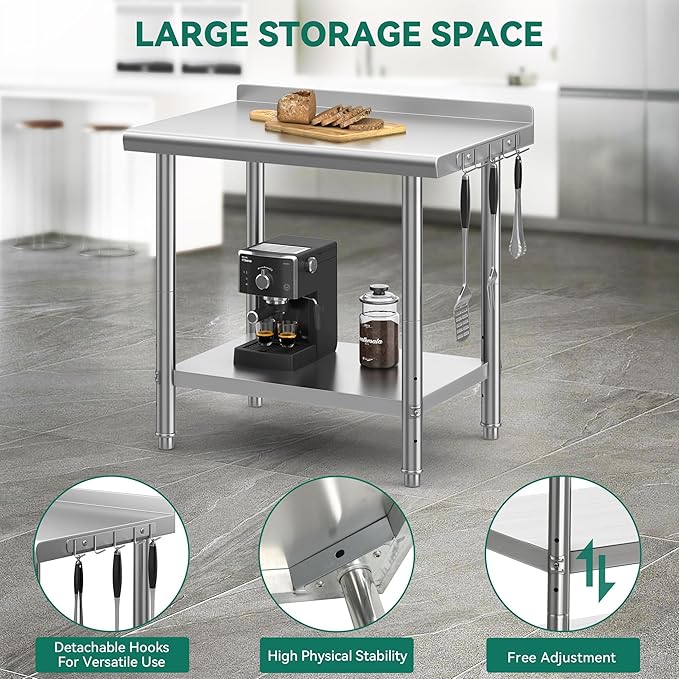 YITAHOME 36" x 24" Stainless Steel Table for Prep & Work with Backsplash, NSF Metal Table Prep Table with Undershelf for Home Kitchen Restaurant Garage Warehouse