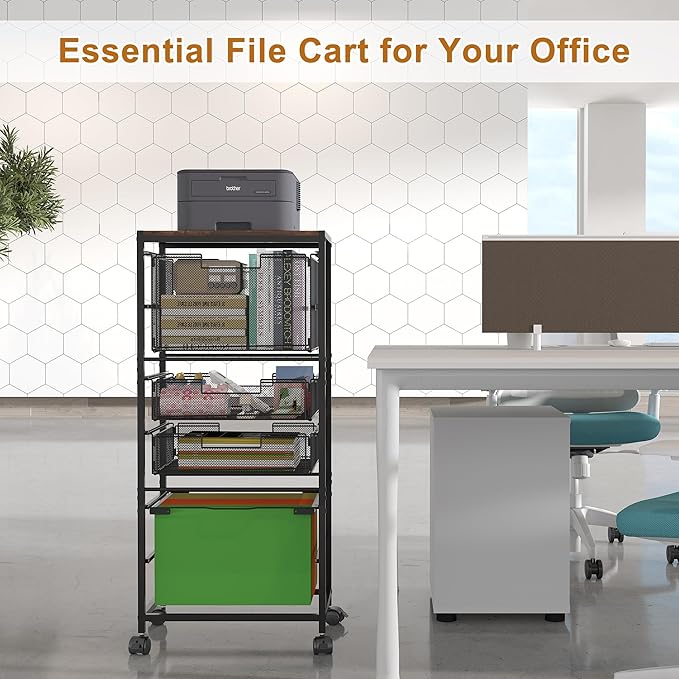 EasyPAG Rolling File Cart with Wheels Letter & Legal Size Hanging File Folder Rack Mobile File Folder Rack with Pull-Out Drawer for Home Office, Black