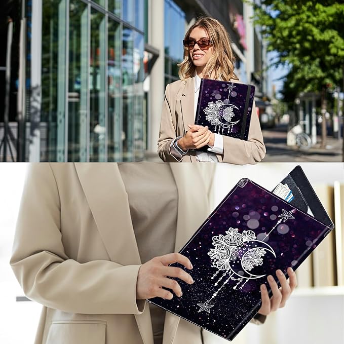 PU Leather Padfolio Folder Clipboard Portfolios Organizer Conference Document Organizer with Business Card Holder Storage Clipboard Writing Pad,Moon Star Galaxy Florals