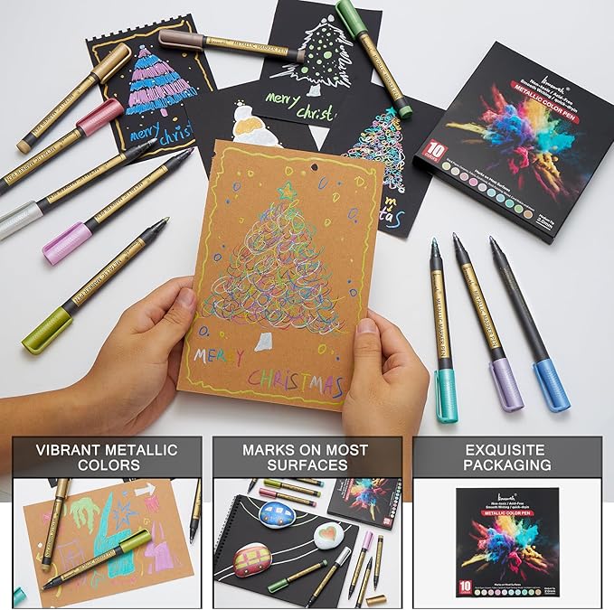 Metallic Marker Pens - 10 Colors Medium Point Metallic Markers for Rock Painting,Black Paper,Scrapbooking Crafts, Card Making,DIY Photo Album,Ceramic