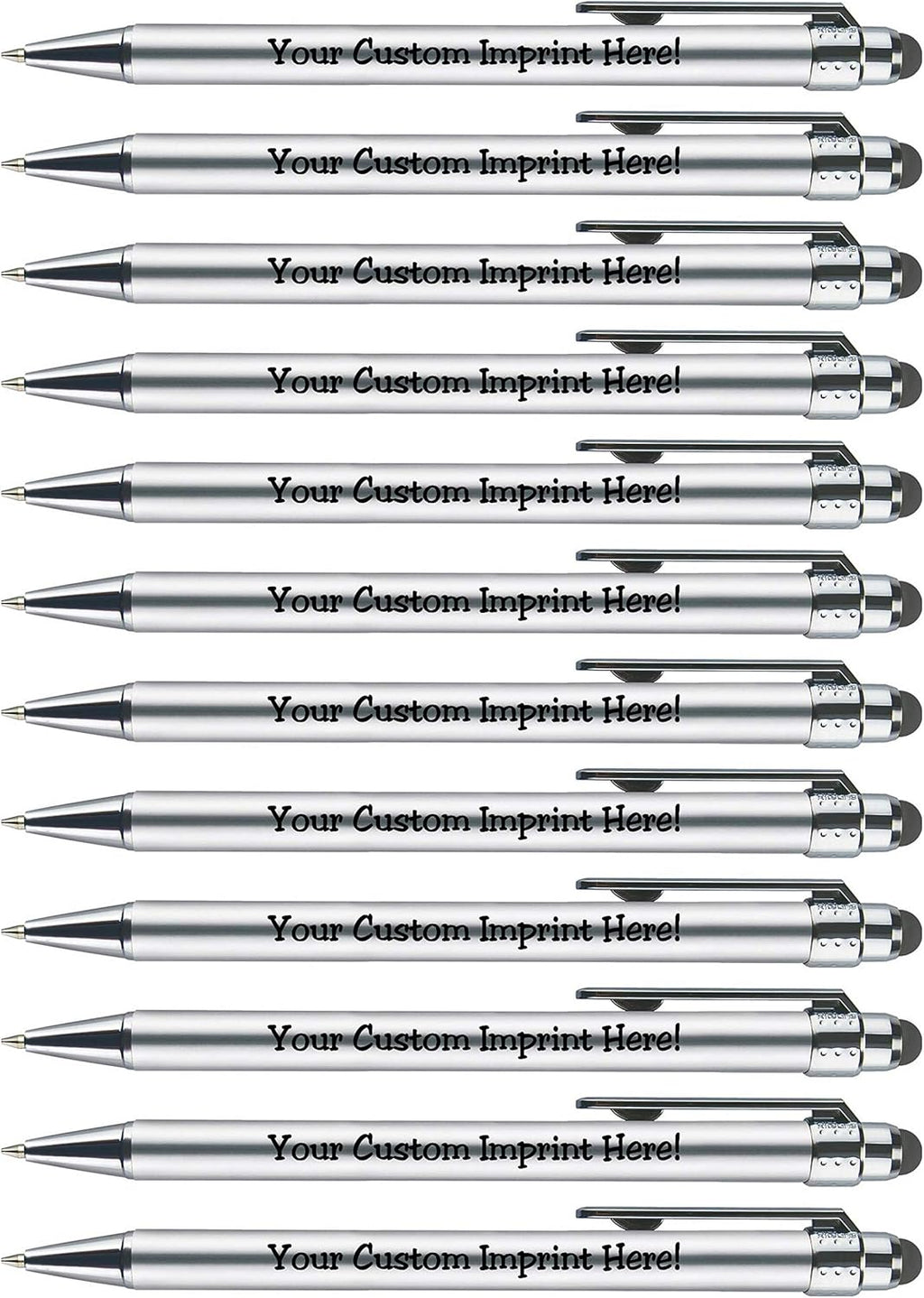 Personalized Pens with Stylus Tip -Bright Vibes- Click action - Custom - Black writing - Printed Name pens - Imprinted with Your Logo or Message - FREE PERSONALIZATION - 12 Pens/Box (Silver)