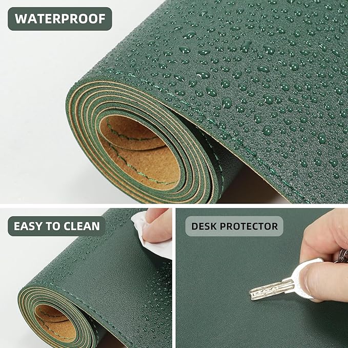 Leather Desk pad Protector, Large Desk mat with Natural Cork & PU Leather,Mouse pad,Non-Slip Office Desk Mat,Waterproof Desk Writing Pad for Office and Home (35in*17in, Dark Green)