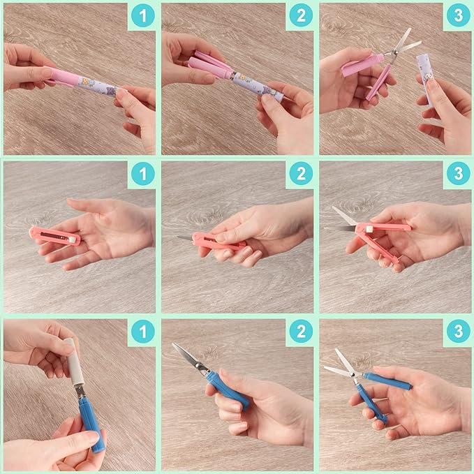 JubileeYarn Portable Travel Safety Scissors, Pen & Push Folding Style - Garden Kitty Pen, Pink Pen, Pink Push