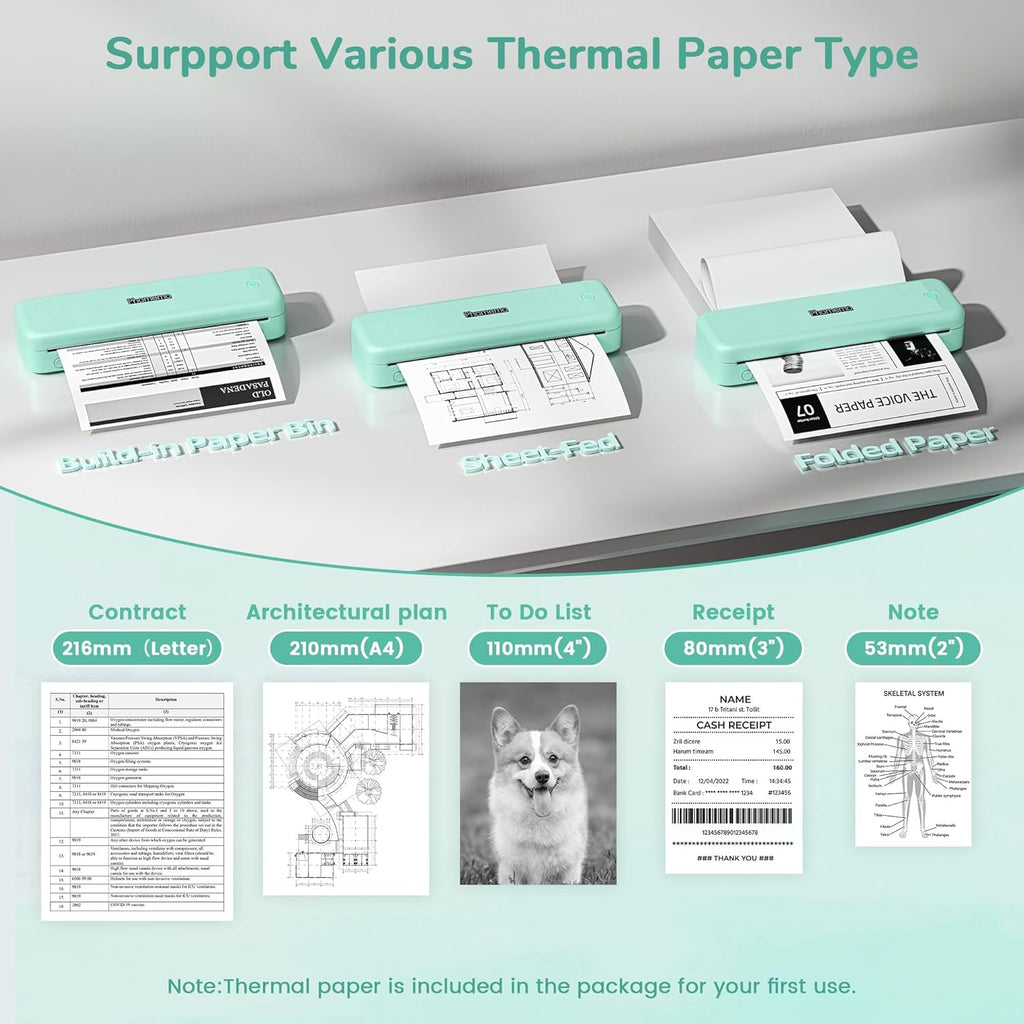 Phomemo Portable Printers Wireless for Travel,M834 Bluetooth Thermal Printer 8.5" x 11"& A4 Size,Inkless Mobile Printer with Carry Case for Travel,Office,School,Car,Home,Green