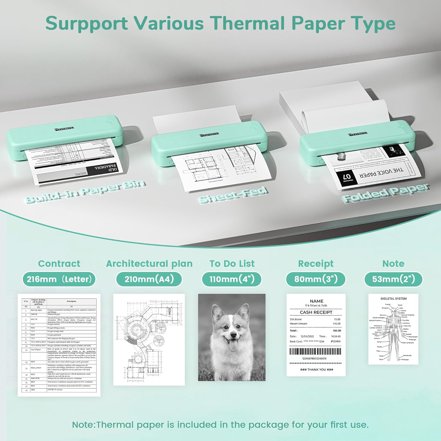 Phomemo Portable Printers Wireless for Travel,M834 Bluetooth Thermal Printer 8.5" x 11"& A4 Size,Inkless Mobile Printer with Carry Case for Travel,Office,School,Car,Home,Green