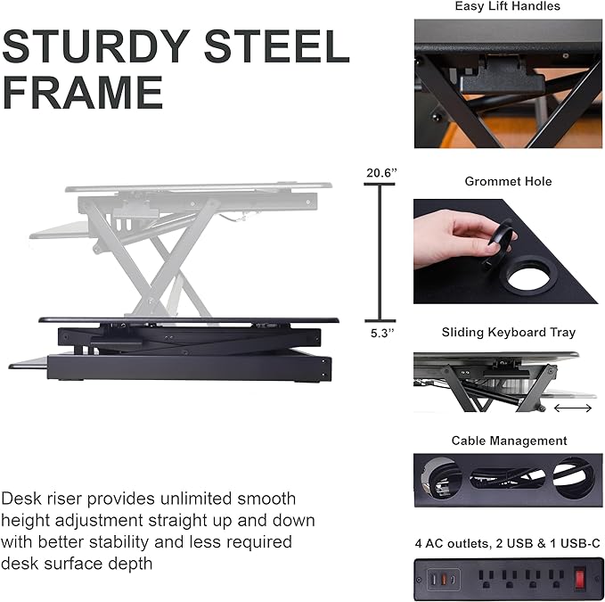 Rocelco 40" Large Height Adjustable Standing Desk with AC Outlet USB Charger and Floor Stand BUNDLE - Tall Dual Monitor Riser Computer Workstation - Keyboard Tray - Black (R DADRB-40-ACUSB-FS2)