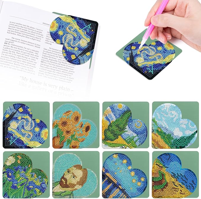 Anseal 8 Pcs Heart Diamond Art Painting Bookmark, DIY Diamond Art Bookmarks for Book Lovers for Kids Adults (Van Gogh Oil Painting Art Style)
