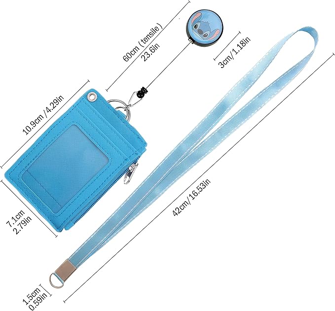 Cute ID Badge Holder Retractable Lanyard Reel Clip with Heavy Duty Carabiner, 5 Card Slots in 2 Sided with Key Ring and Zipper for Women Students Teens Girls Office Staff