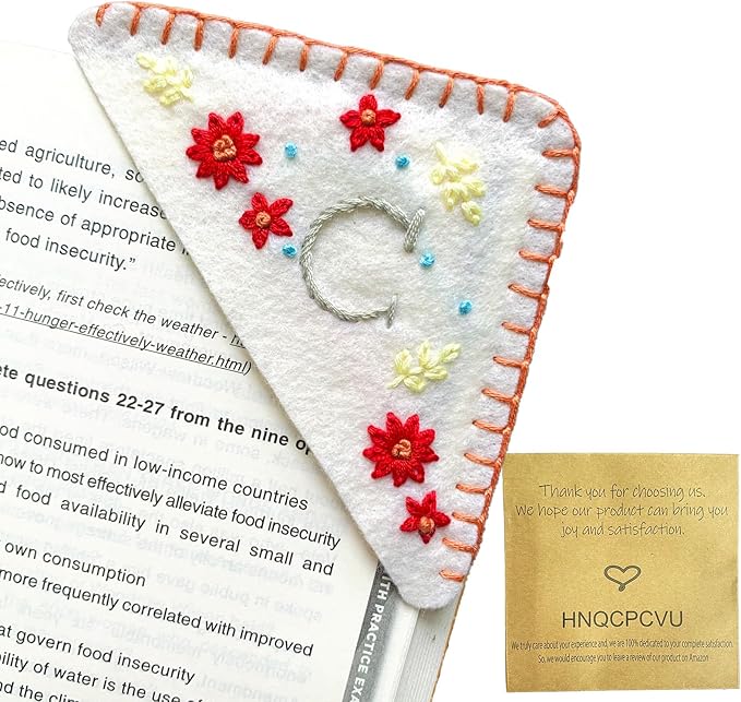 Personalized Hand Embroidered Corner Bookmark, Bookmarks for Women, Personalized Bookmark for Books, Cute Flower Book Mark, Hand Stitch Gift for Women for Book Lovers by HNQCPCVU (C, White)
