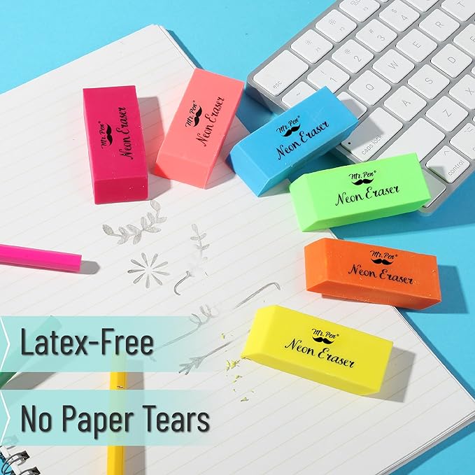 Mr. Pen- Pencil Eraser, 12 Pack, Neon Colors, Pencil Erasers for Drawing, Artist Eraser Pencil, Colorful Erasers for Kids