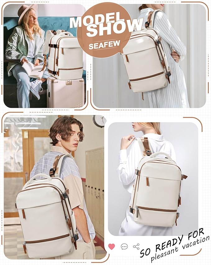 Travel Backpack for Women Men, Flight Approved Carry on Backpack with Shoe Compartment, Waterproof Laptop Backpack Personal Item Travel Bag - Ideal for Weedender, Hiking, Sport & Gym, Beige with Brown