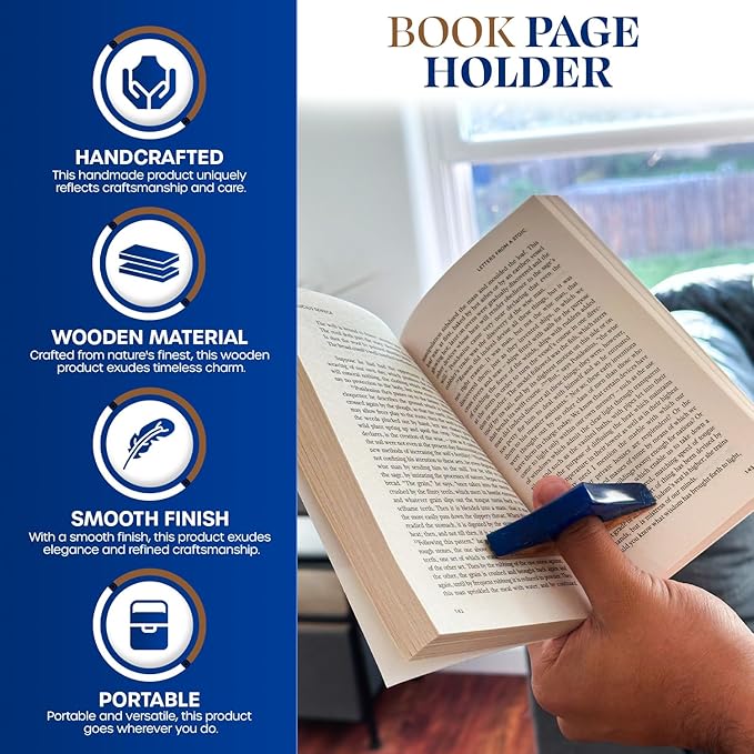 Book Page Holder - Handcrafted Mango Wood & Blue Resin Thumb Bookmark - Unique Reading Accessories & Gifts for Book Lovers, Readers & Bookworms