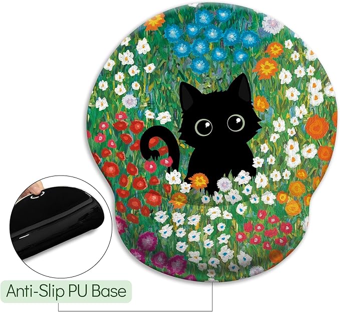 Black Cat Mouse Pad, Ergonomic Mouse Pad with Wrist Rest, Gaming Mouse Pad Wrist Support with Non-Slip Pain Relief PU Base, Funny Mouse Pads for Desk Work, Cute Office Desk Accessories Decor