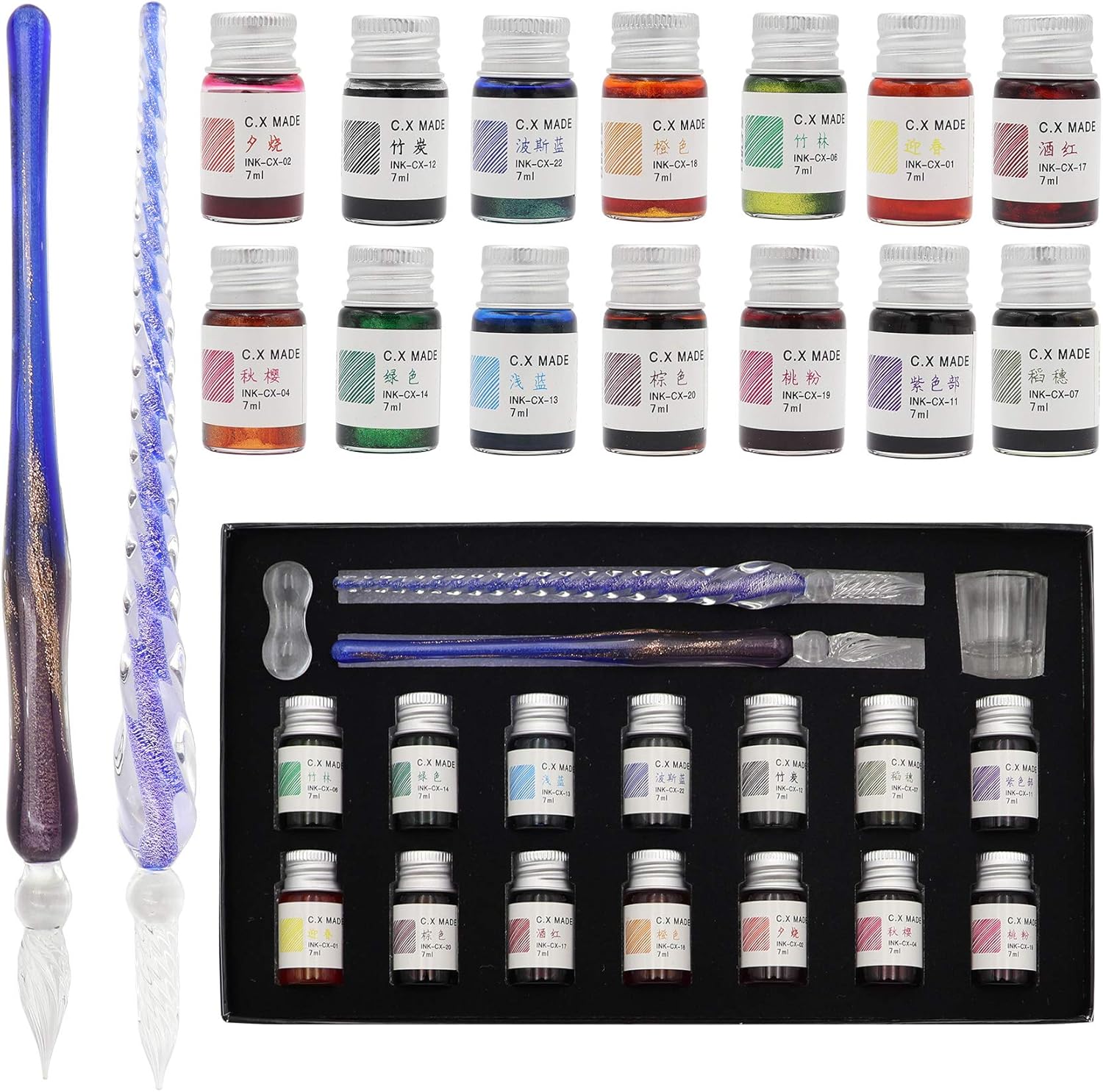 AXEARTE Glass Dip Calligraphy Pen Set, 18-Pieces 14 Color Inks, Pen Holder, Cleaning Cup, 2 Crystal Glass Pens for Art, Writing, Drawing, Signatures, Gift for Kids and Artist
