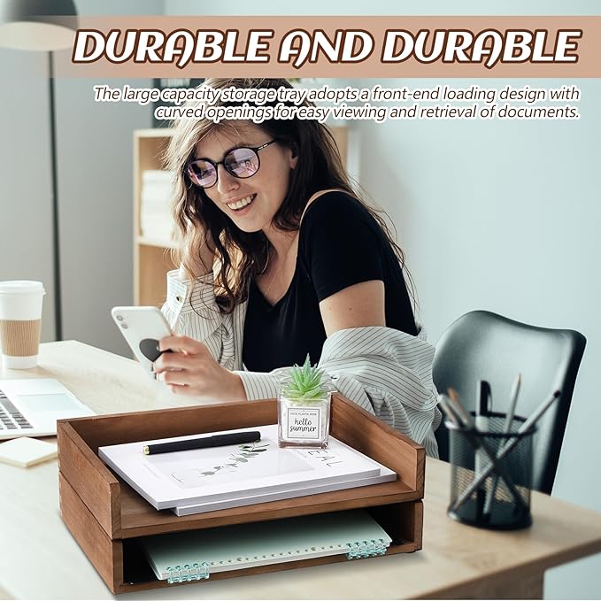 Yeaqee 4 Pcs Stackable Paper Tray Letter Tray Desktop Letter Size Wood Desk Organizer Office Wooden Desk Shelf Paper Holder Folder Organization Rack for Mail File Letter Document (Dark Wood Color)