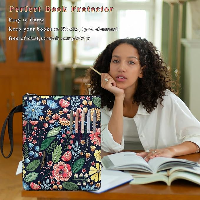 DSIUE Book Sleeve Book Lover Gifts Book Protector with Zipper, Book Covers for Paperbacks, Book Pouch with Pockets, Book Accessories,11.4 X 9 Inch