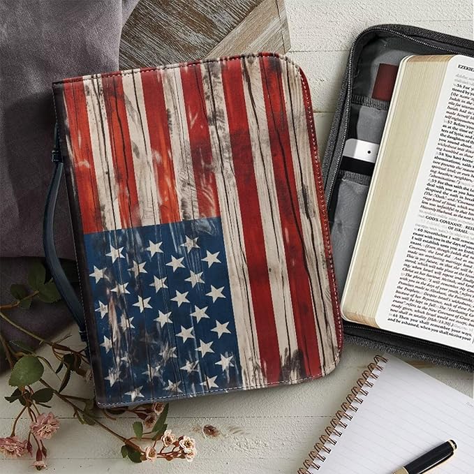 Lotusorchid American Flag Print Bible Case for Men, Zippered PU Bible Book Cover with Handle Pocket Portable Bible Cover Case Bible Cover Carrier Carrying Organizer Bag for Women, L