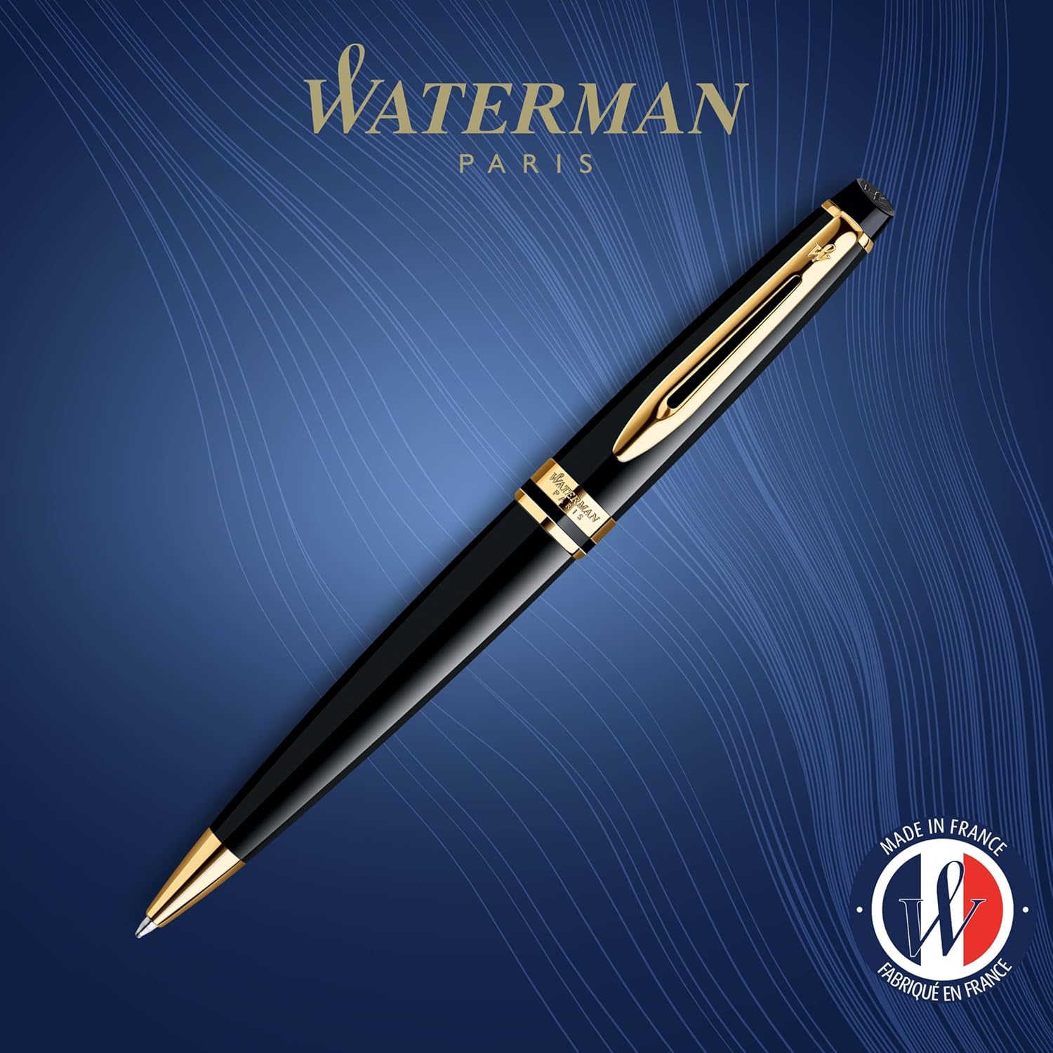 Waterman Expert Ballpoint Pen, Black with Golden Trim, Medium Tip, Blue Ink, Gift Box
