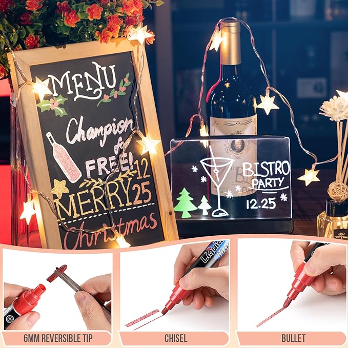 Metallic Chalk Markers Erasable for Chalkboard, Liquid Chalk Marker 8 Colors with 6mm Reversible Bullet & Chisel Tip, Dust Free Chalk Pens for Window, Blackboard, Whiteboard, Calendar, Mirror, Glass