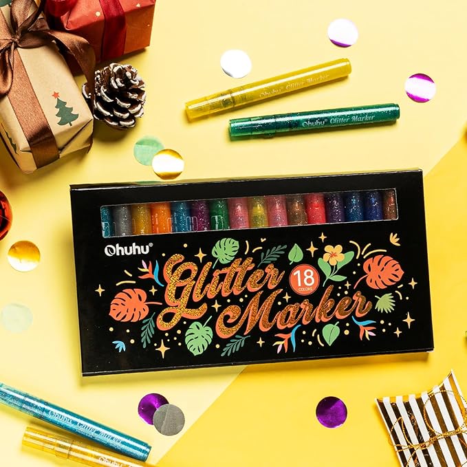 Ohuhu Glitter Markers Pen 18 Glitter Colors Metallic Shimmer Marker Round Point Tip Water-based Ink for Kids Adults DIY Crafts Greeting Birthday Cards Making Poster Album Scrapbooking Mugs Wood