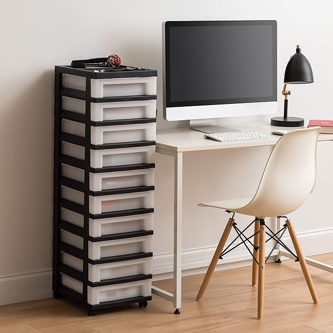 IRIS USA Plastic Drawer Storage Organizer Rolling Cart, with Wheels Casters, 10-Drawers, for Classroom Art Craft Supplies Dresser Closet Bathroom Bedroom, Top Organizer for Small Parts, Black/Pearl