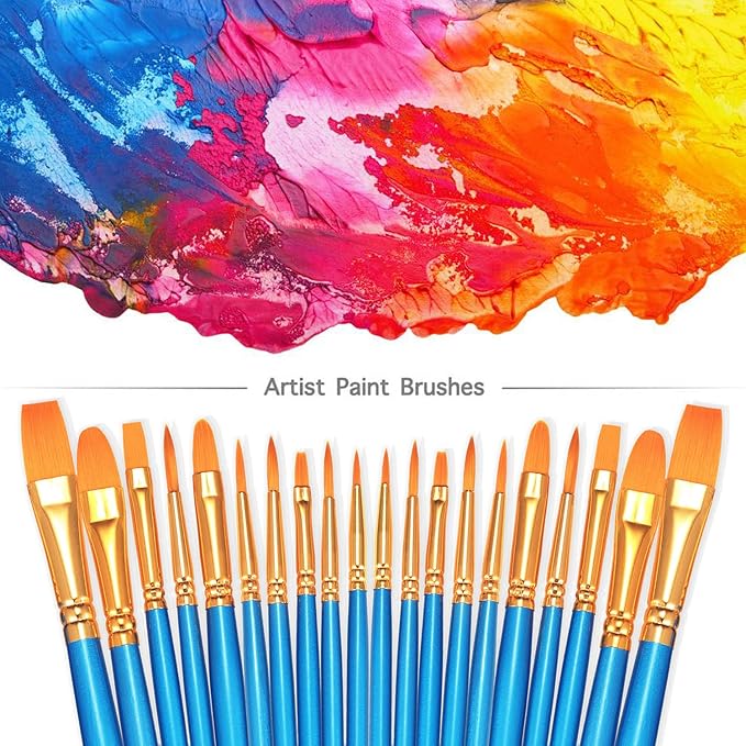 BOSOBO Paint Brush Sets, 10 Pack 100 Pcs Pointed-Round Tip Paintbrushes Nylon Hair Artist Acrylic Paint Brushes for Acrylic Watercolor Oil, Face Art, Model, Miniature Detailing & Rock Painting, Blue