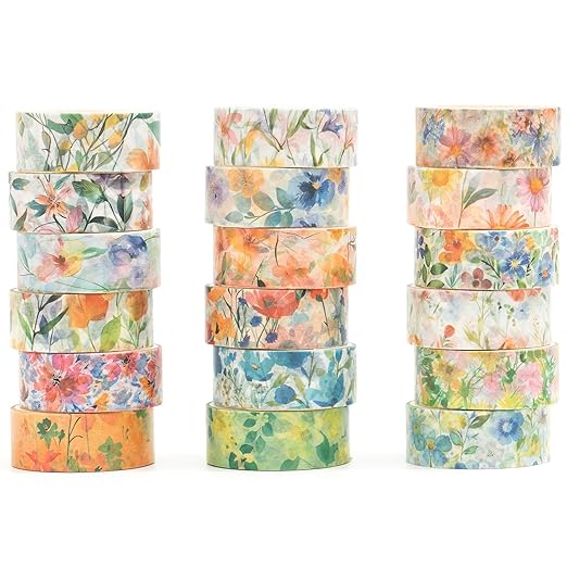 18 Rolls Blossom Washi Tape Set Floral Arts Adhesive Tapes Flowers Garden Decorative Masking Tape Set for Craft, Kids, Scrapbook, DIY, Gift Wrapping (Pastel Charm)