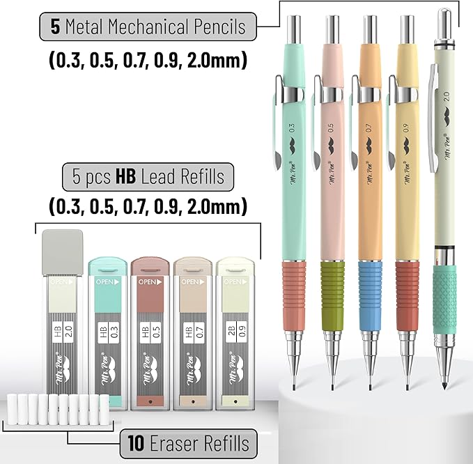 Mr. Pen- Mechanical Pencil Set, 5 Sizes, 0.3, 0.5, 0.7, 0.9, 2mm, Anti Skidding Grip Cute Mechanical Pencils, Sketching Pencils, Aesthetic Mechanical Pencils, Pastel Mechanical Pencils