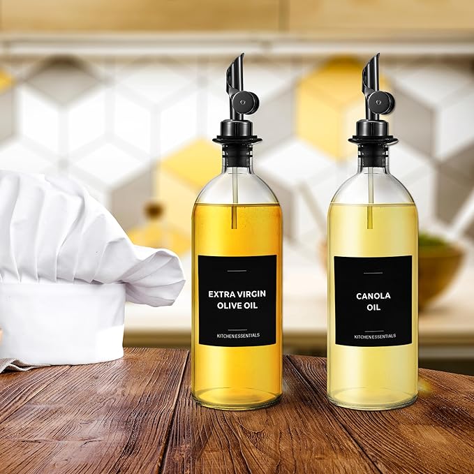 Olive Oil Labels for Glass Bottles - 2.5" x 2.5" Waterproof & Oil-Proof Kitchen PVC Sticker Labels for Oils, Vinegars, Sauces, Cooking Wines & Condiments - Minimalist Black, 39pcs