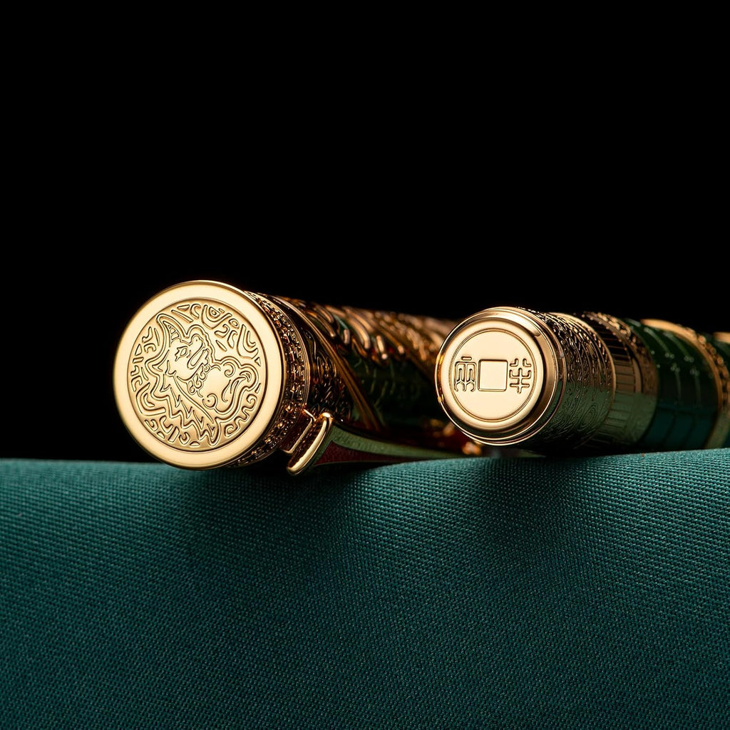 Hongdian D5X Fountain Pen - Green Qin Dynasty Retro Chinese Totem Engraving, Extra Fine Nib, Smooth Writing with Converter and Pen Box Set