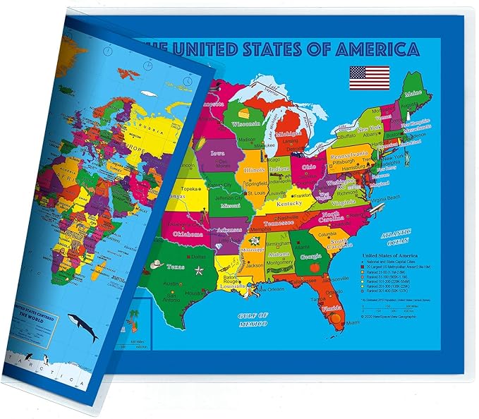2-Sided Desk Map with Durable Lamination (1 Desk Map: Children's US Map/US Centered World Map)