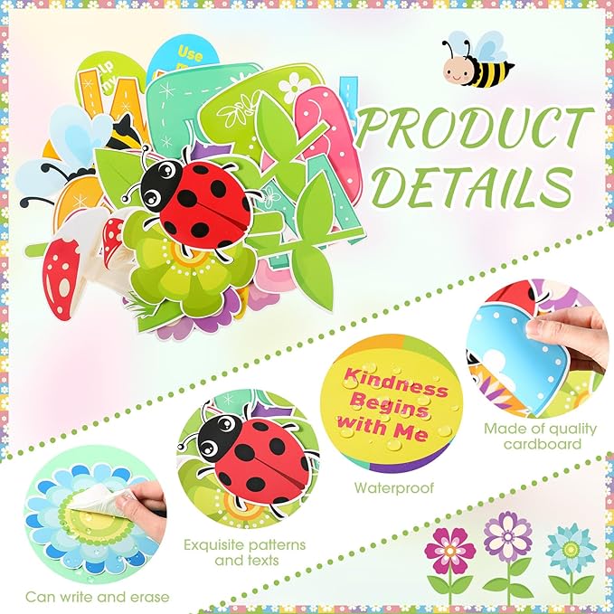 Kosiz Spring Kindness Bulletin Board Decorations Set Flower Paper Cutouts Bloom with Kindness Colorful Butterfly Bee Bird Classroom Decorations with Floral Border for School Chalkboard Wall Door Home
