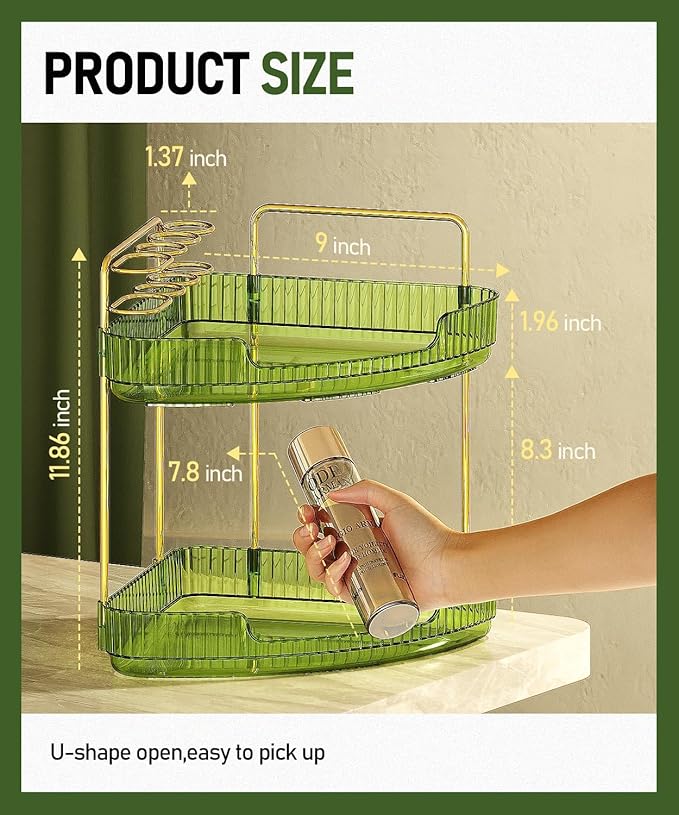 2-Tier Corner Bathroom Counter Organizer Makeup Cosmetic Storage, Tool-Free Installation Acrylic Vanity Shelf, Skin Care Organizer Perfume Tray for Countertop Bathroom, Dresser, Kitchen (Green)