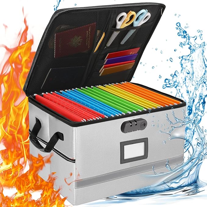 File Box with Lock, Portable Document Organizer Box with Handle, Fireproof File Box for Home Office, Legal File Organizer Storage