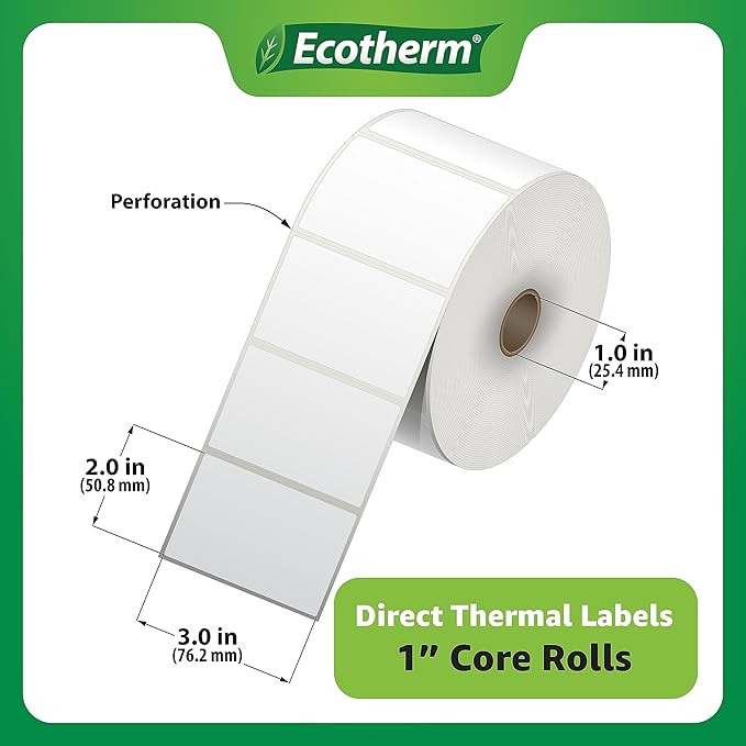 3" x 2" Thermal Labels | 6 Rolls | 7440 Labels | fits Zebra, Munbyn, Rollo, Godex, Arkscan, iDPRT, Offnova Thermal Label Printers and More | Blank White Adhesive Stickers by Ecotherm