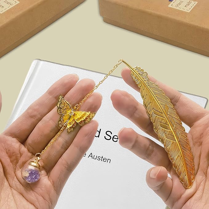 Metal Feather Butterfly Bookmark - Ideal Retirement, Birthday, and Teacher Gifts for Women, Readers, and Book Lovers (Golden.Pink White Flower)