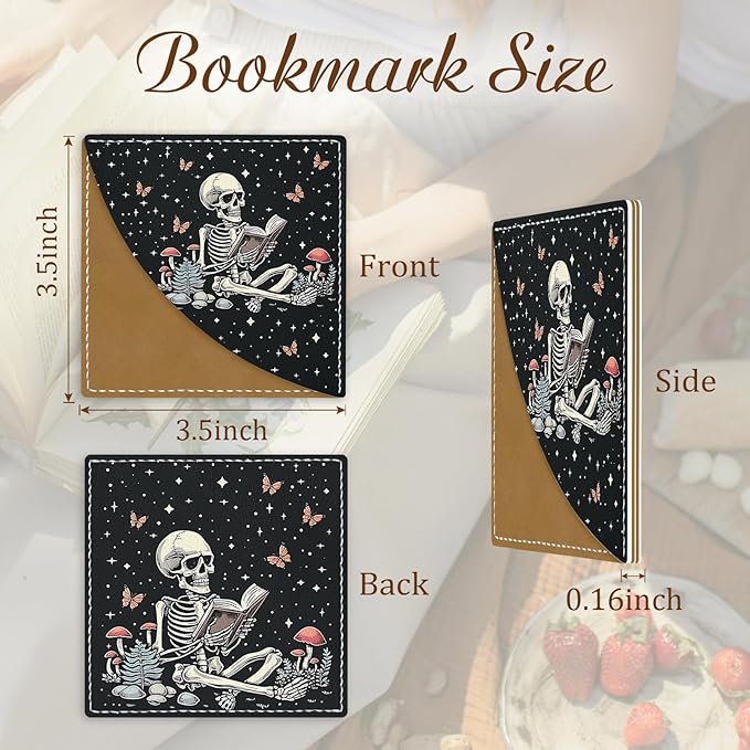 Skeleton Book Corner Bookmarks, Funny Leather Book Accessories for Book Lovers, 3 Pcs Reading Book Page Markers for Women Men Student Teacher Retirement Birthday Gifts