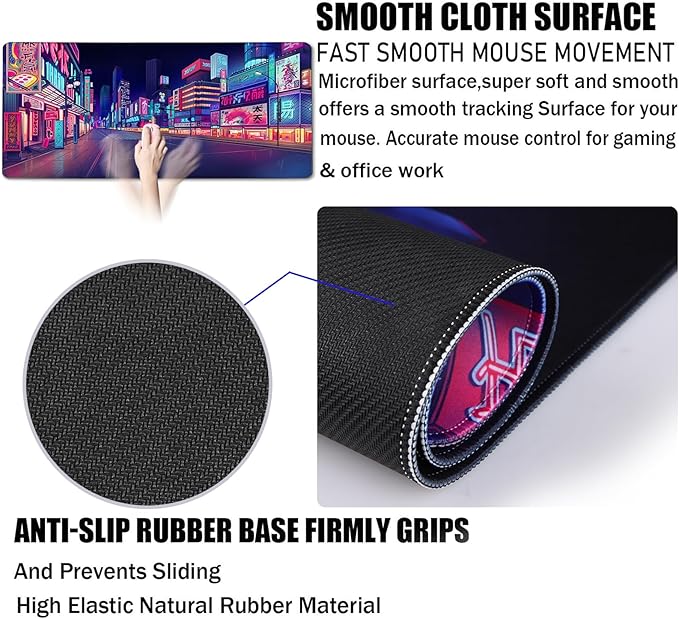 Japanese City Big Desk Mat Large Office Desk Pad, Durable Extended Mouse Mat, 31.5"x15.7" Computer Mousepad with Non-Slip Rubber Base & Stitched Edge for Home Office Gaming Work