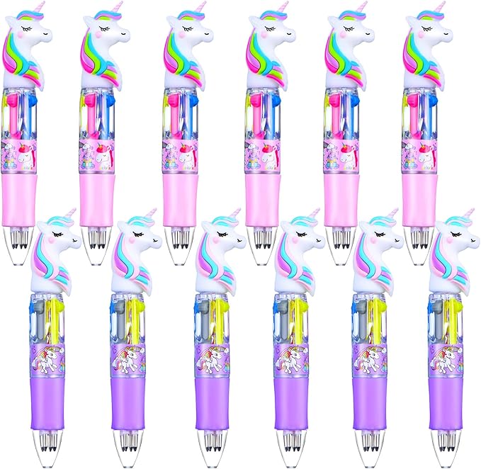 Chinco 12 Pieces Retractable Unicorn Pens 4-in-1 Multicolor Ballpoint Pen Unicorn Candy Party Favor Colored Ink Mini Party Favors for Girls Kids Classroom Prizes Birthday Gifts(Unicorn Style)