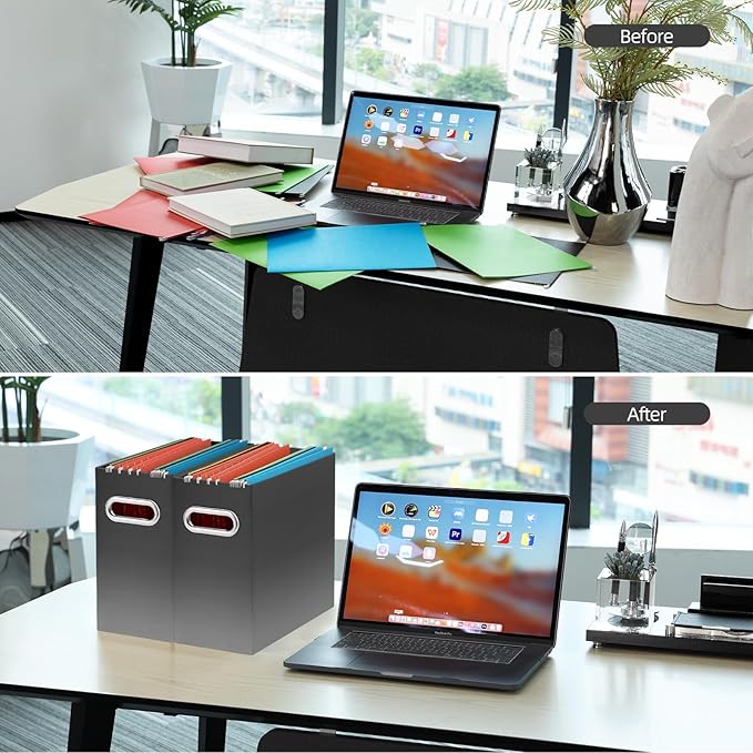Oterri File Organizer, Small Storage Box, Cardboard File Folder Organizer, Collapsible File Box, Hanging File Organizer for Letter Size, Portable File Box, Only Box (Gradient Dark Grey,2 Packs)