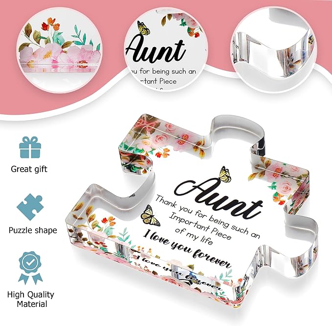 VELENTI Aunt Gifts from Niece - Engraved Acrylic Block Puzzle Piece - Cute Auntie Present with Lovely Saying Paperweights - Fancy Favorite - Birthday, Christmas, Chic Decoration