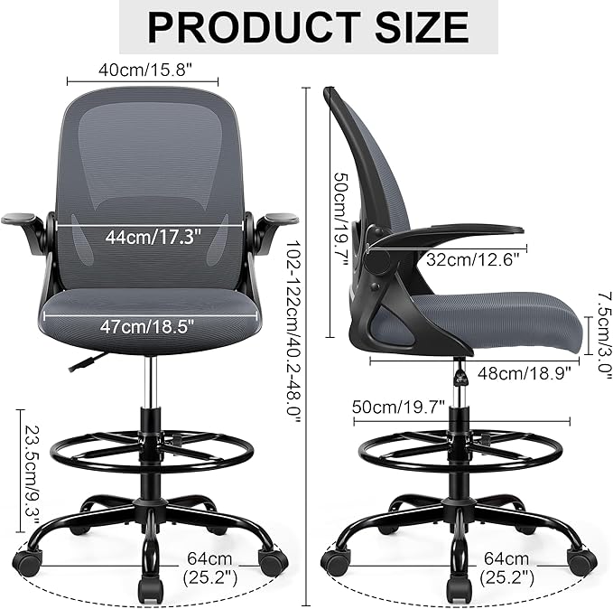 Drafting Chair Tall Office Chair with Flip-up Armrests, Adjustable Height, Enhanced Lumbar Support Ergonomic Rolling Stool, Back Support, Adjustable Foot Rest Ring for Standing Desk Dark Gray
