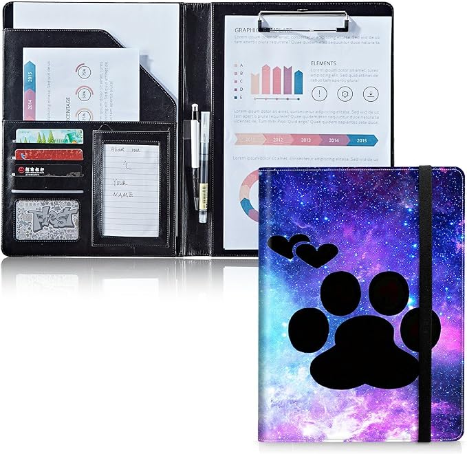 Padfolio Folder with Clipboard,Portfolios Organizer Clipboards with Storage Clipboard Writing Pad PU Leather Conference Document Organizer with Business Card Holder,Dog Paw Print